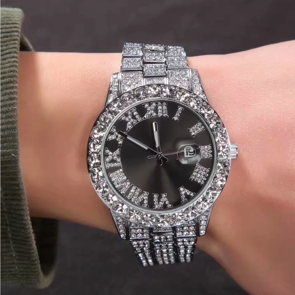 Men's Silver Crystal-Accent Black Dial Watch - Luxury Style